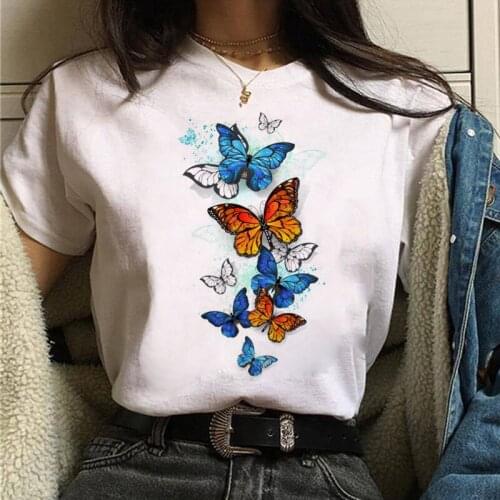 Red and Black Butterfly Print Tshirt Heart T Shirt Fashion Women T-shirts Female Short Sleeve Tops Tee Harajuku Women T Shirt