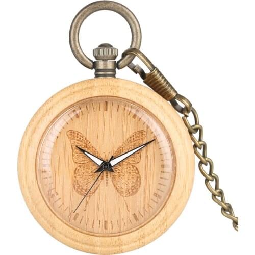 Creative Carving Butterfly Bamboo Wood Quartz Pocket Watch Elegance Women Retro Fashion Pendant Watch Bronze Fob Pocket Chain