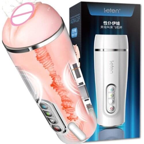 Leten Electric Sucking Male Masturbator Vibrator Silicone Realistic Vagina Sex Toys For Man Voice Interaction Masturbation Cup