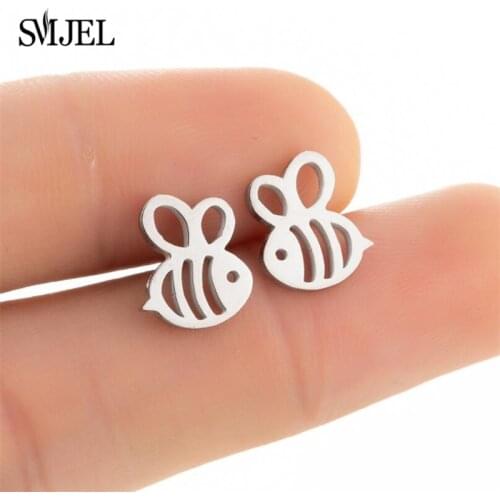Cute Tiny Asymmetric Honey Bee Earrings for Women Pendientes Jewelry Stainless Steel Insect Bee Stud Earring Accessories Brincos