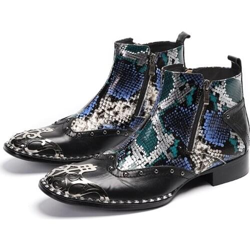 Fashion Luxury Men Boots Genuine Leather Ankle Boots Snake Skin Italian Business Dress Shoes Pointed Toe Cowboy Boots Male