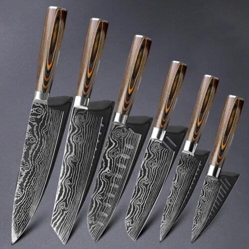 6Pcs Japanese Chef Knife Set Laser Damascus 7CR17 Stainless Steel Professional Kiritsuke Fruit Utility Santoku Kichen Knives
