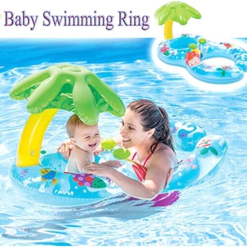 Inflatable Double Swimming Ring Baby Pool Float Toys With Canopy Sea Mattress Party Parent-child Activity Flamingo Unicorn