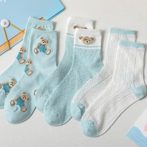 The New Women Cotton Middle Tube Socks Spring And Summer Fashion Cute Bear Cartoon Blue Mesh Breathable Socks Sweet Female