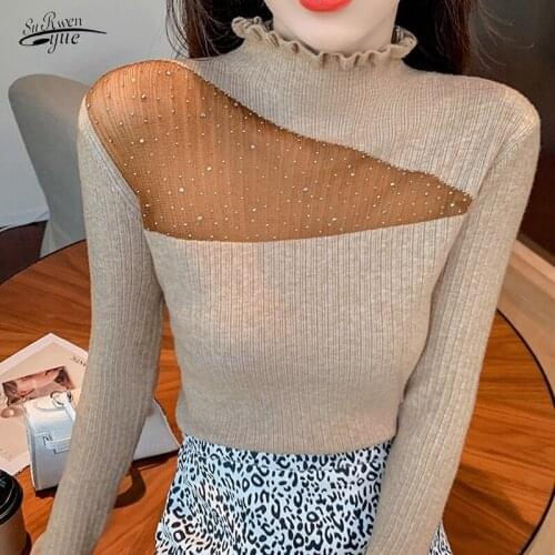 2021 new style Western slim lace knit sweater sweater black base sweater ladies casual all-match half high collar 16508