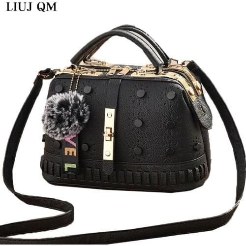 2021 New Korean Flower Bag Female Pu Leather Shoulder Bag Soft Casual Messenger Crossbody Bags Fur Ball Hanging Women Handbags