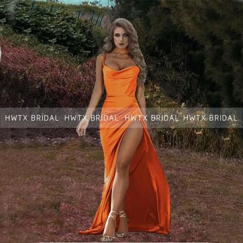 Orange Sexy High Slit Prom Dresses Spaghetti Straps Pleats Satin Arabic Dubai Women Long Evening Dress robes de soirée Customize