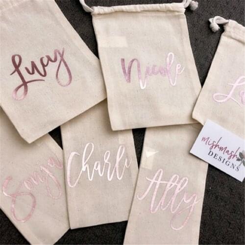 Personalised Favour Bags with Calligraphy Font Rose Gold Cotton Drawstring Pouch Custom Named Wedding Birthday Linen Gift Bags
