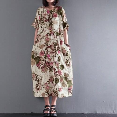 2021 ZANZEA Summer Women Floral Print Bohemian O Neck Short Sleeve Loose Party Cotton Linen Midi Vestido Casual Dress