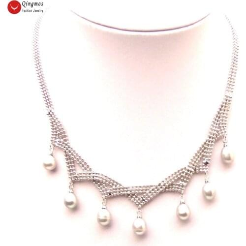 Qingmos Natural 7-8mm Gray Pearl Necklace for Women with 7 Peces Freshwater Drop Pearl Pendant Necklace Chain Chokers 16-17"