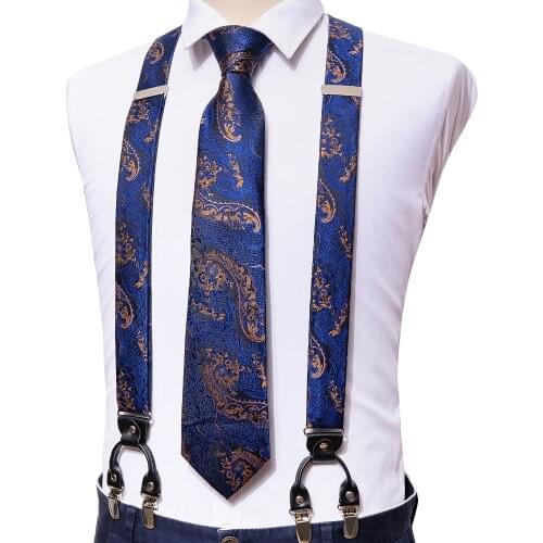 Blue Floral Adjustable Silk Suspenders Set Neck Tie For Men Party Wedding Y-Shape 6 Clip Suspenders For Men Shirt Barry.Wang