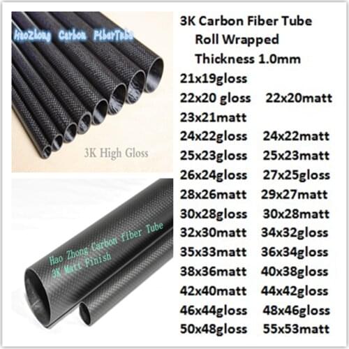 1.0mm Thickness 3K Carbon Fiber Tube OD21 22 23 24 25 26 27 28 29 30 32 34 35 36 38 40 42 44 48 50 55mm x L1000mm Factory Supply