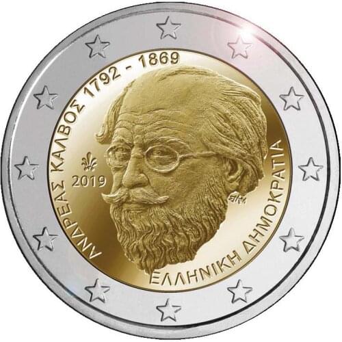Greece 2019 Andreas Calvos 150th Anniversary 2 Euro Real Original Coins True Euro Collection Commemorative Coin Unc