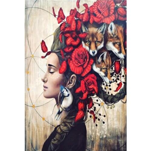 Women wolf diamond mosaic full round embroidery painting rhinestone wall sticker decor diamond drawing art needlework picture