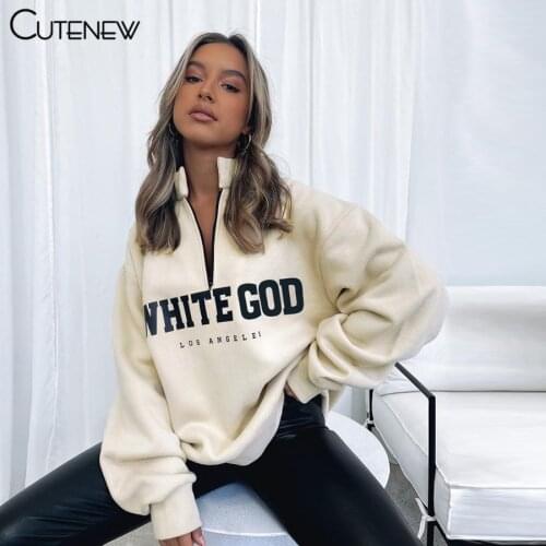 Cutenew Letter Printing Long Sleeve Zipper Turtleneck Sweatshirts Women Autumn Hip Hop Style Loose Hoodie Casual Lady Streetwear