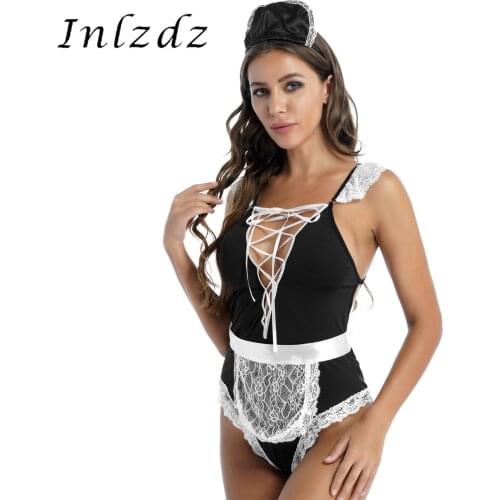 Womens Cosplay Maid Uniform Lingerie Lace Amine Cosplay Costume with Apron and Hair Hoop Set Underwear Sexy Roleplay Clothing