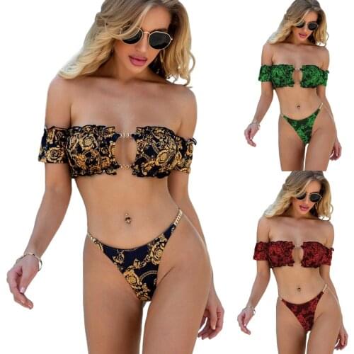 Women Retro Print Bikini Swimwear Ruffle Sexy Swimsuit Beachwear Bathing Suit