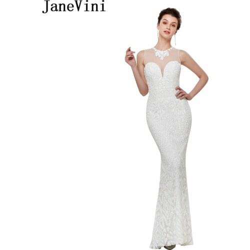 JaneVini Sparkled White Mermaid Sequined Long Bridesmaid Dresses O-Neck Sleeveless Women Formal Prom Party Gowns Floor Length