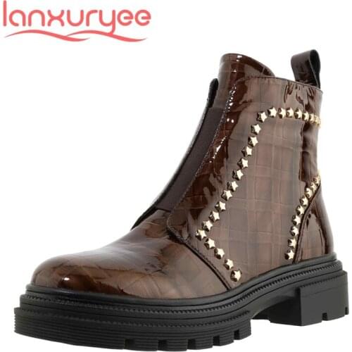 Lanxuryee winter boots cow patent leather stone pattern rivet decorations round toe thick high heel slip on star ankle boots L37