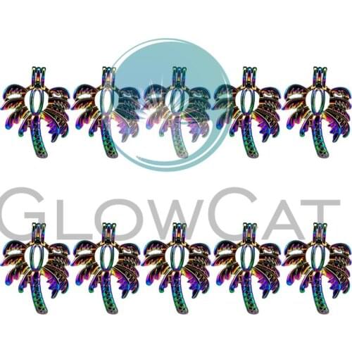 10x C594 Rainbow Colors Palm Tree Pearl Cage Locket Pendant Essential Oil Diffuser Bead Cage DIY Jewelry Locket For Oyster
