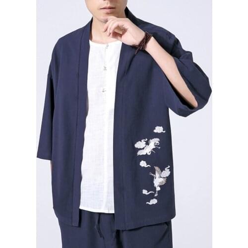 #4207 Summer Vintage Thin Linen Cardigan Jacket Men Plus Size Windbreaker Mens Kimono Coat With Embroidery Plus Size 4XL 5XL