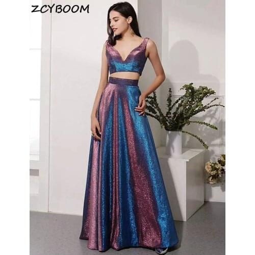 Shiny Purple Prom Dresses 2021 Women Formal Party Night Vestidos De Gala V-Neck Two Pieces Elegant Graduation Long Evening Gowns