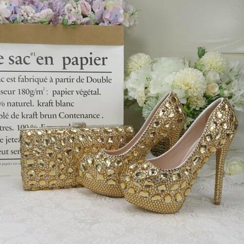 Champagne crystal women Wedding shoes with matching bags Luxury Rhinestone high heels platform shoes women party dress shoes