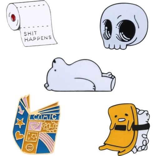 Fashion Cartoon Brooch Cute Ice Bear Dog Punk Enamel Pin Badge Skull Roll Paper Book Lapel Broochs Men Women Jewelry Accessories