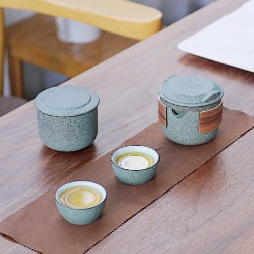 Travel tea set, portable bag, stoneware Kungfu tea art, one pot, three cups, Japanese style fast guest cup, glass custom logo