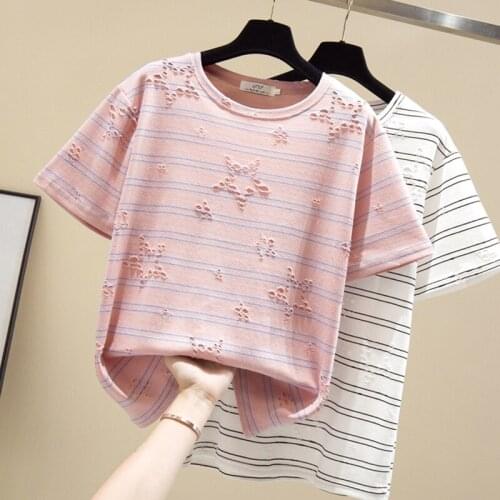 GGRIGHT Women T-Shirt Short Sleeve Cotton T Shirt Oversize HOLE Summer Female Fashion Stripe Top Tee Loose Pink White
