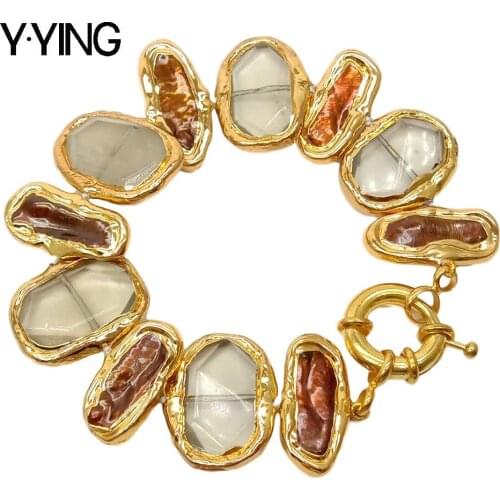Y·YING classic natural Cultured Brown Biwa Pearl Lemon Quartzs Gold color Plated Edge Bracelet 8.5" for women