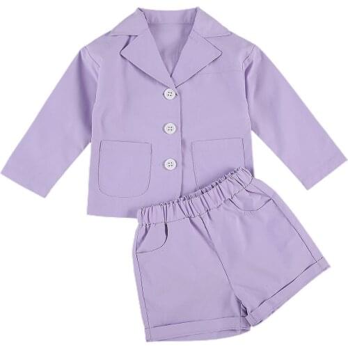 Toddler Kid Girls 2 Pcs Blazer Outfits, Purple Lapel Buttons Blazer Coat + Short Pant Suits Sets