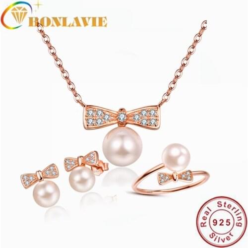 BONLAVIE Rose Gold Bow Shell Pearl Opening 925 Silver Ring Necklace Set for Women Wedding and Engagement Jewelry
