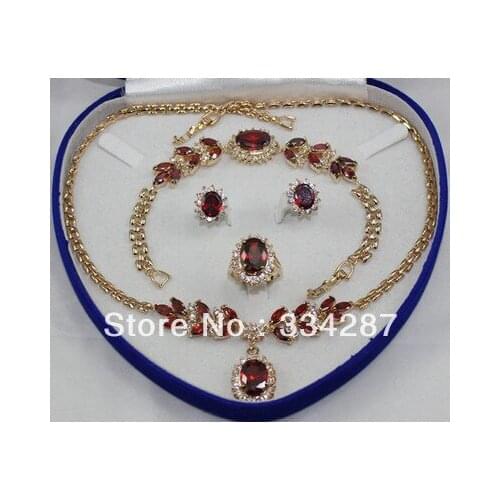 18KGP red blue purple zircon beaded flower necklace bracelet earring ring set