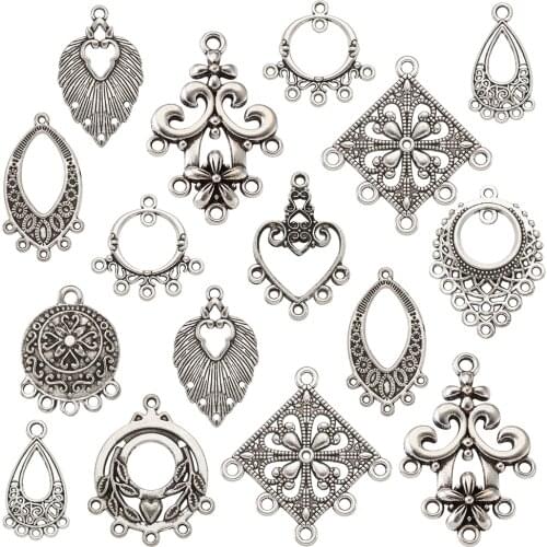50pcs/set Tibetan Style Alloy Chandelier Components Links Mixed Shapes For Dangle Earrings Jewelry Making Antique Silver Color