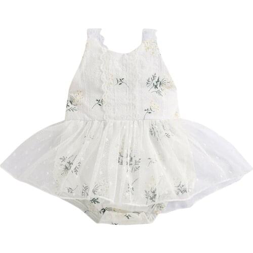 Newborn Summer Mesh Romper, Baby Girls Sleeveless Plant Pattern U-shaped Neck Lace Trim Playsuit