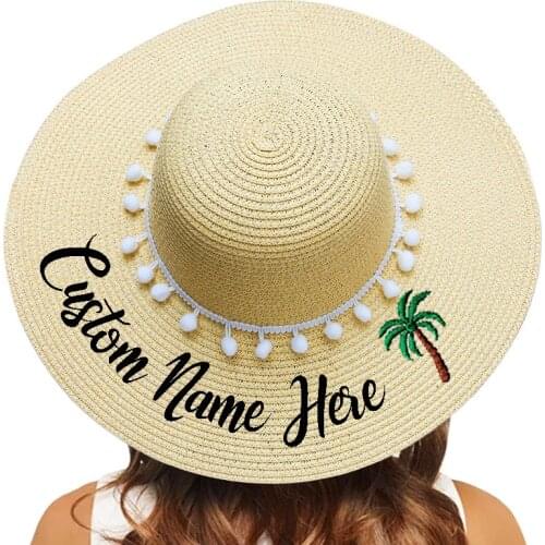 Summer Beach Hat Customize Embroidery Text Name Logo Palm Tree Sun Hat For Womens White Pompon Straw Hat Female Sunshade Caps