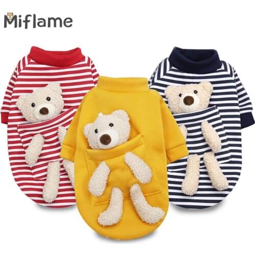 Miflame Stripe Small Dogs Clothes With Bear Doll Cartoon Puppy Sweatshirts For Dogs Hoodies Corgi Schnauzer Fleece Pet Clothing