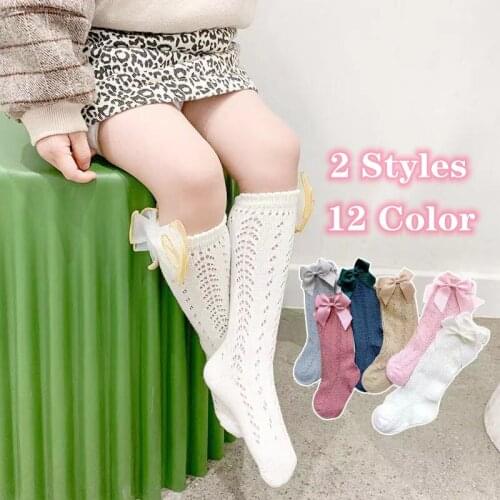 2021 Fashion Newest Spanish Princess 0-8Y Baby Girls Kinds Socks Bow Knee High Quality Long Soft 100% Cotton Hollow Out Socks