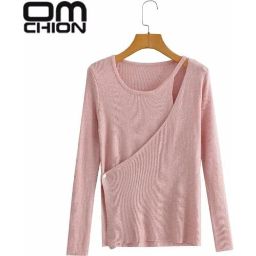 OMCHION Korean Autumn Womens New Irregular Sweater Off Shoulder Long Sleeve Fake Two-piece Pullover Female Chic Pink Jumper