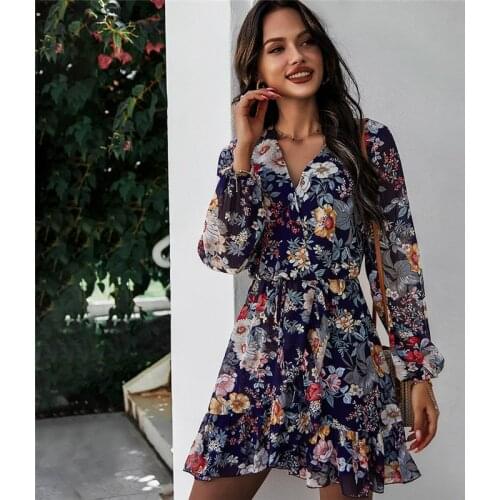 Women Spring Floral Print Dress Female Casual V-Neck Long Sleeve Lace Up High Waist Mini Chiffon Dress 2021 Summer
