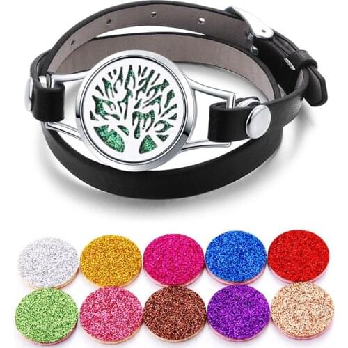 Tree of Life Aromatherapy Adjustable Leather Wristband Bracelet Aroma Stainless Steel Essential Oil Diffuser Open Perfume Locket