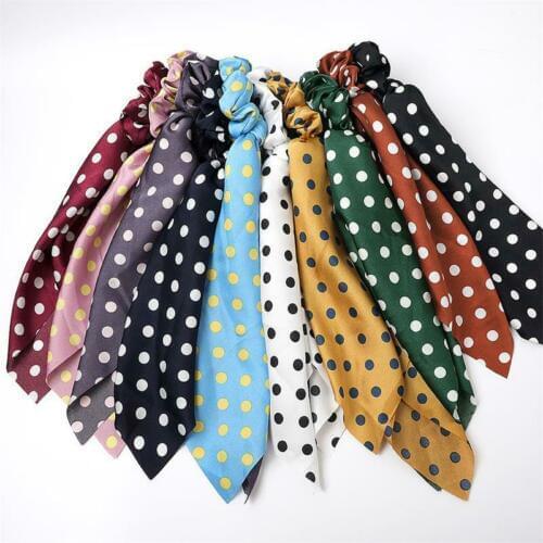 Scrunchies Hair Elastic Ponytail Scarf Long Ties Ropes Big Dot Bow Print Ribbon