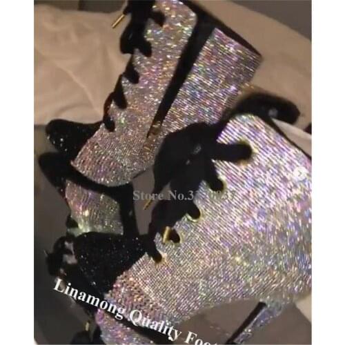 Linamong Bling Bling Pointed Toe Rhinestone Patchwork Stiletto Heel Short Boots Black-silver Crystal Lace-up Ankle Booties Heels