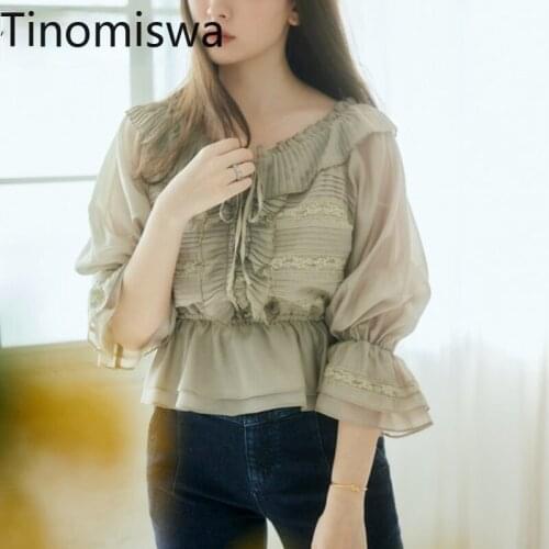 Tinomiswa Lace Elegant Blouse Women O Neck Short Sleeve Chiffon Shirt Slim Waist Slightly Transparent Tops Blusas Mujer