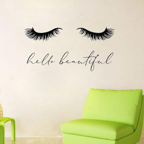 Hello Beautiful Lettering Wall Decals Closed Girl Eyes Eyelash Extensions Wall Stickers Salon Wall Window Decoration Art Murals