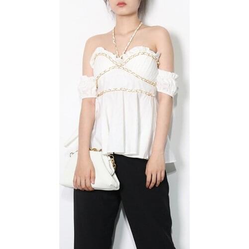 Sexy Chain Halter Neckline Collar Strapless Shirt Women Slim Pleated Wooden Ears Wrapped Chest White Top Vestido Clothes