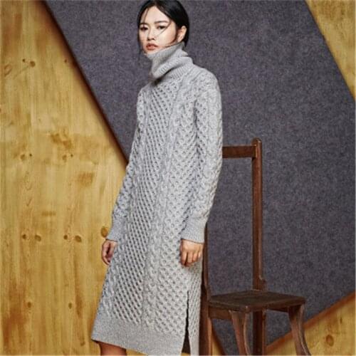 New arrival 100% hand made pure wool turtleneck knit women solid open hem H-straight loose pullover sweater one&over size