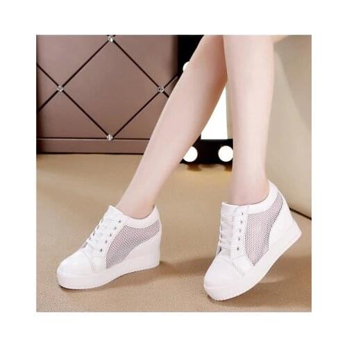 Women Wedge Platform Rubber Brogue Leather Lace Up High heel 7 cm Shoes Pointed Toe Increasing Creepers White Silver Sneakers