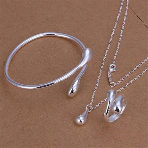Hot sale gift silver color jewelry set women lady nice exquisite classic water drop pendant necklace bangles ring Set S331